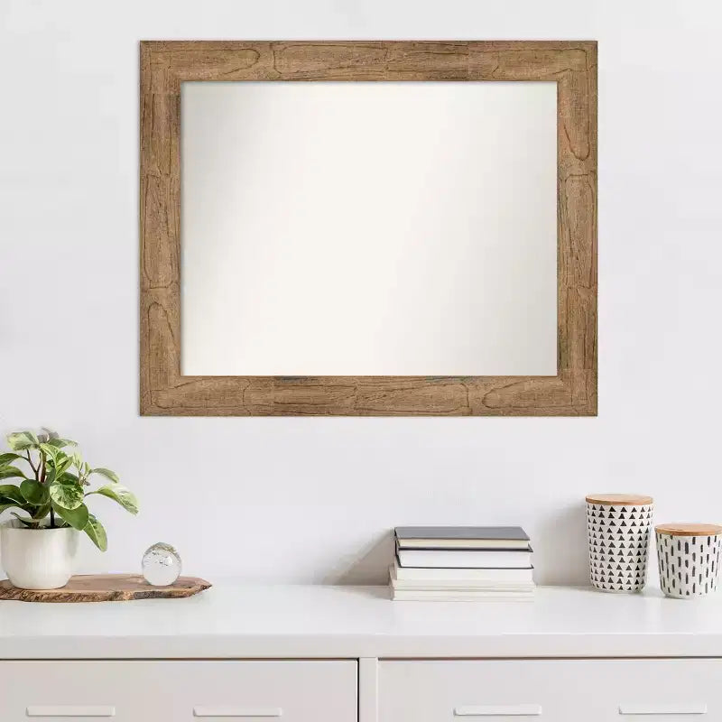 86.4 × 71.1 cm Non-Beveled Owl Brown Wood Wall Mirror – Modern Rectangular