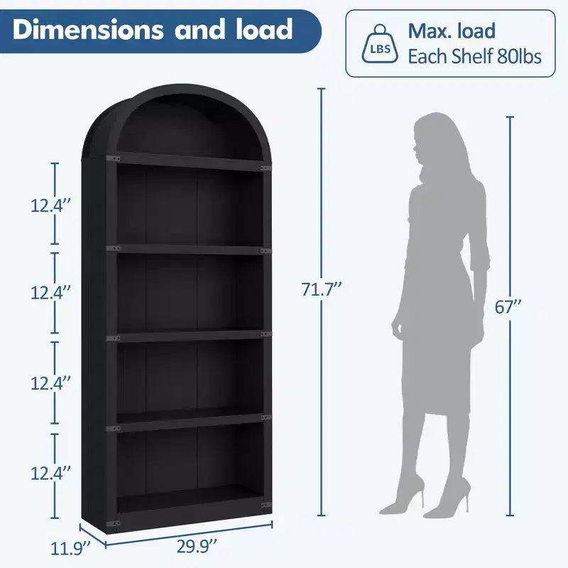 GustoWave Libreria ad arco a 5 ripiani, libreria alta 182 cm, scaffale espositivo da fattoria, nero