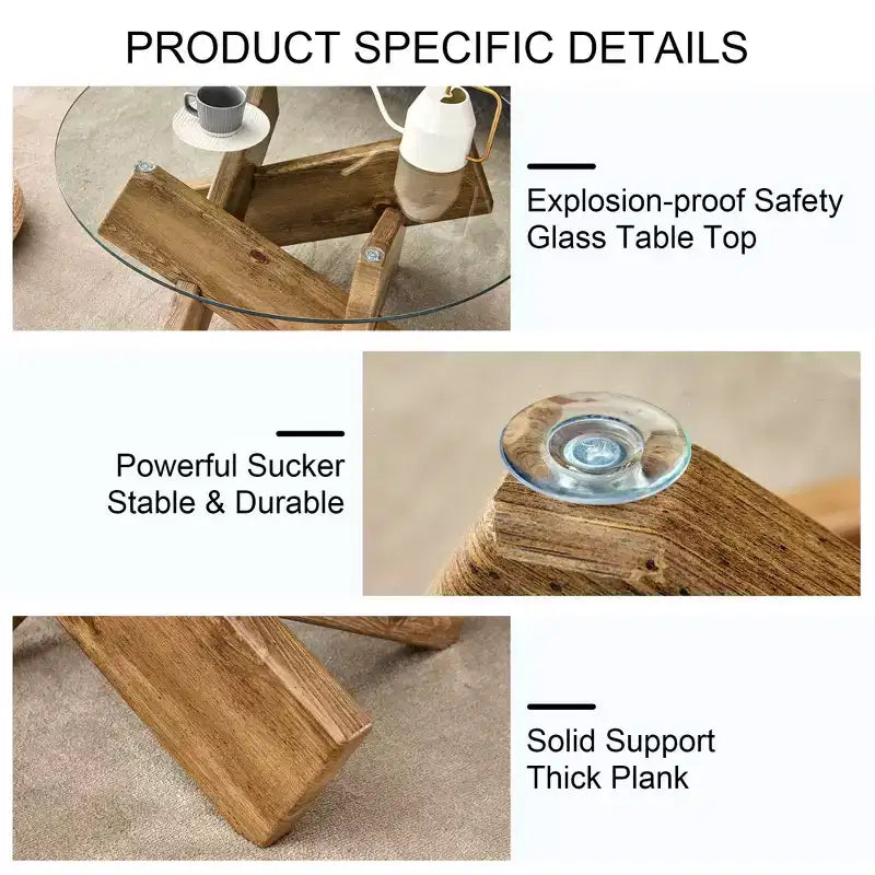 Tavolino da Caffè Rotondo Moderno in Vetro Okak, Tavolino da Tè Piccolo dal Design Distintivo con Gambe in Legno per Soggiorno, Reception, Ufficio, Casali