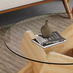 Tavolino da Caffè Rotondo Moderno in Vetro Okak, Tavolino da Tè Piccolo dal Design Distintivo con Gambe in Legno per Soggiorno, Reception, Ufficio, Casali