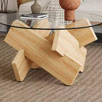 Tavolino da Caffè Rotondo Moderno in Vetro Okak, Tavolino da Tè Piccolo dal Design Distintivo con Gambe in Legno per Soggiorno, Reception, Ufficio, Casali