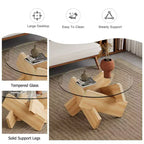 Tavolino da Caffè Rotondo Moderno in Vetro Okak, Tavolino da Tè Piccolo dal Design Distintivo con Gambe in Legno per Soggiorno, Reception, Ufficio, Casali