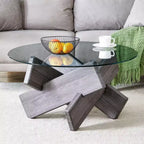 Tavolino da Caffè Rotondo Moderno in Vetro Okak, Tavolino da Tè Piccolo dal Design Distintivo con Gambe in Legno per Soggiorno, Reception, Ufficio, Casali