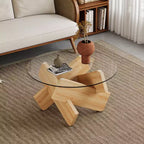 Tavolino da Caffè Rotondo Moderno in Vetro Okak, Tavolino da Tè Piccolo dal Design Distintivo con Gambe in Legno per Soggiorno, Reception, Ufficio, Casali