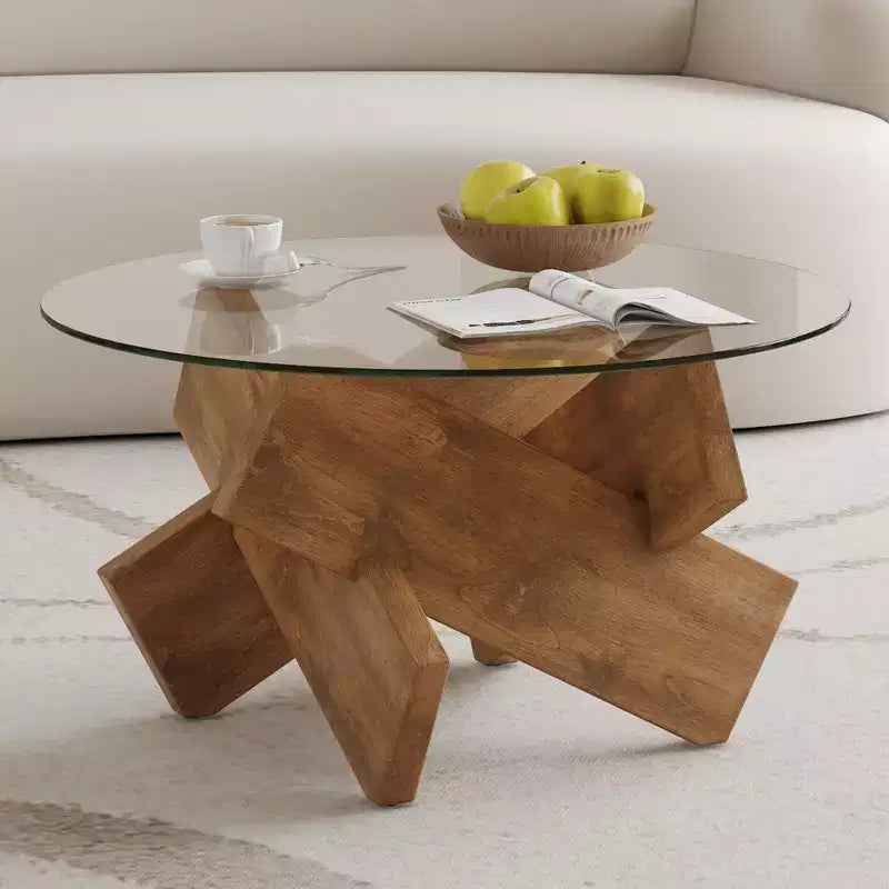 Tavolino da Caffè Rotondo Moderno in Vetro Okak, Tavolino da Tè Piccolo dal Design Distintivo con Gambe in Legno per Soggiorno, Reception, Ufficio, Casali