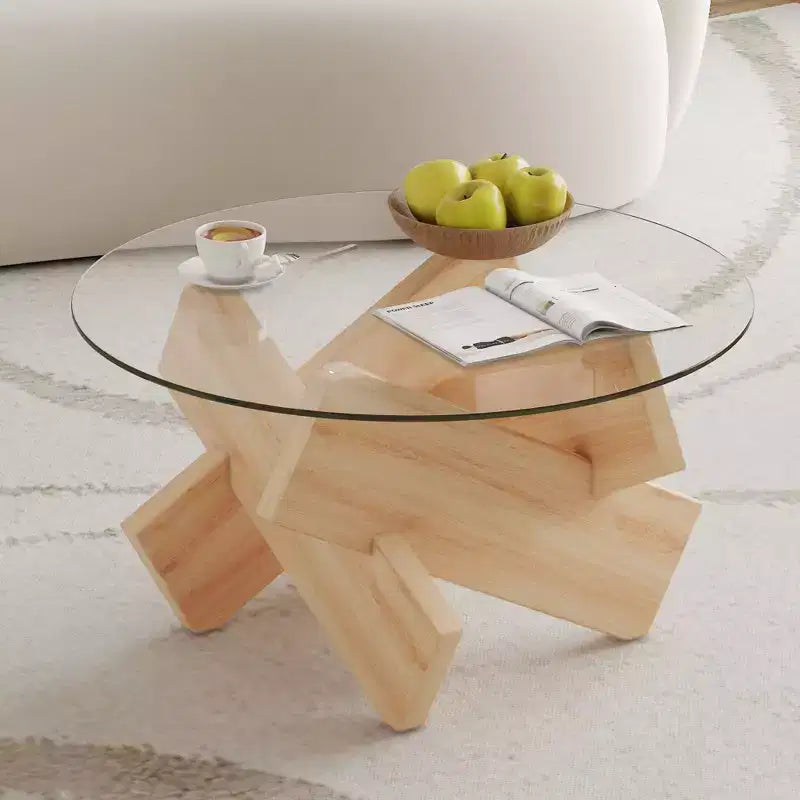 Tavolino da Caffè Rotondo Moderno in Vetro Okak, Tavolino da Tè Piccolo dal Design Distintivo con Gambe in Legno per Soggiorno, Reception, Ufficio, Casali