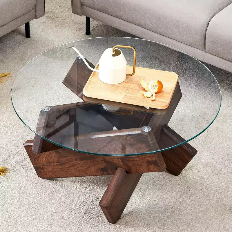 Tavolino da Caffè Rotondo Moderno in Vetro Okak, Tavolino da Tè Piccolo dal Design Distintivo con Gambe in Legno per Soggiorno, Reception, Ufficio, Casali