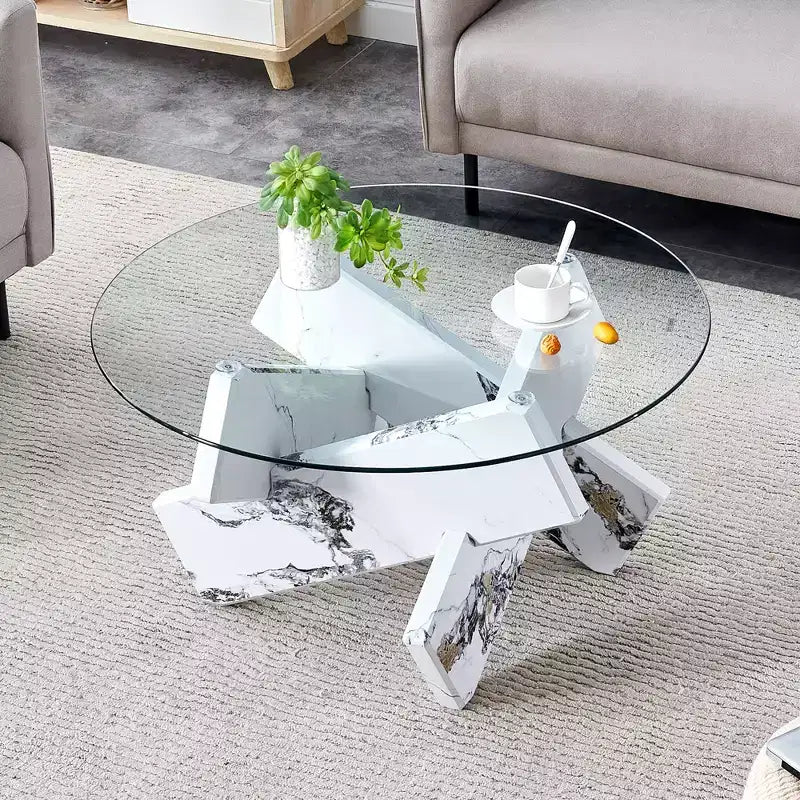 Tavolino da Caffè Rotondo Moderno in Vetro Okak, Tavolino da Tè Piccolo dal Design Distintivo con Gambe in Legno per Soggiorno, Reception, Ufficio, Casali