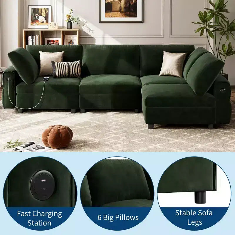 Divano componibile 105 - Divano angolare in velluto con ricarica USB (verde smeraldo)