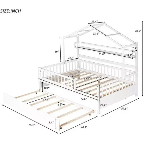 Acekool Letto a capanna a grandezza naturale con letto estraibile singolo, cassetti e ripiani portaoggetti, tetto e recinzione, letto a piattaforma per bambini, bianco