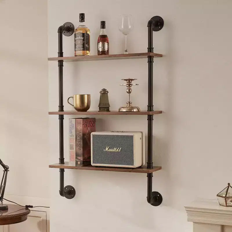Scaffale Industriale VEVOR, a 3 Livelli 24x7,87 pollici, Mensola a Muro Flottante in Legno Rustico con Staffe, Espositore Libreria, Portaoggetti, Nero