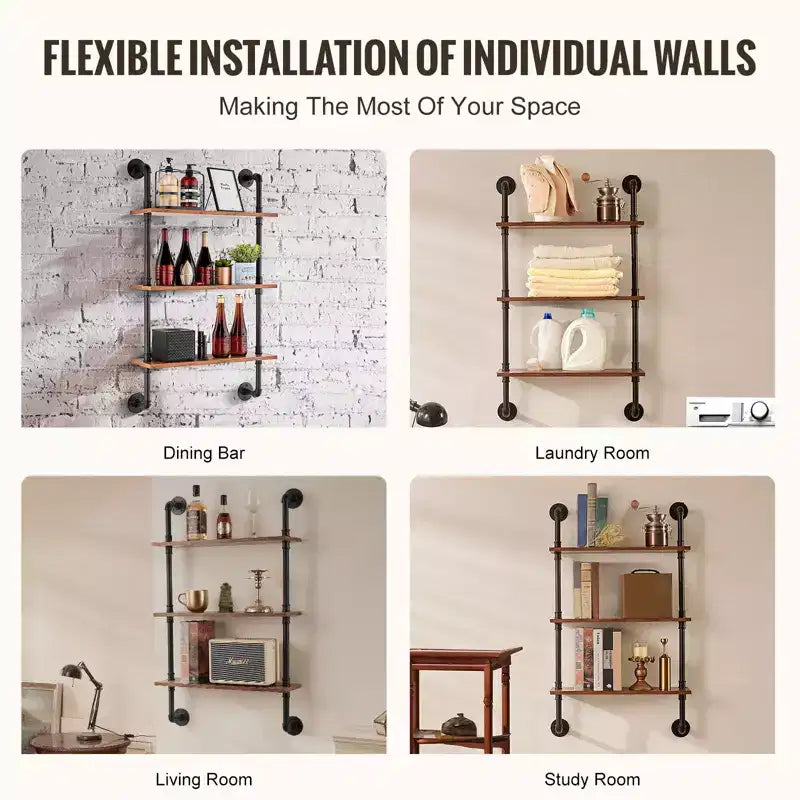 Scaffale Industriale VEVOR, a 3 Livelli 24x7,87 pollici, Mensola a Muro Flottante in Legno Rustico con Staffe, Espositore Libreria, Portaoggetti, Nero