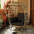 Poltrona a uovo, poltrona a uovo in vimini con cuscino morbido, struttura in acciaio e base in metallo, sedia lounge per patio interno ed esterno, soggiorno e giardino