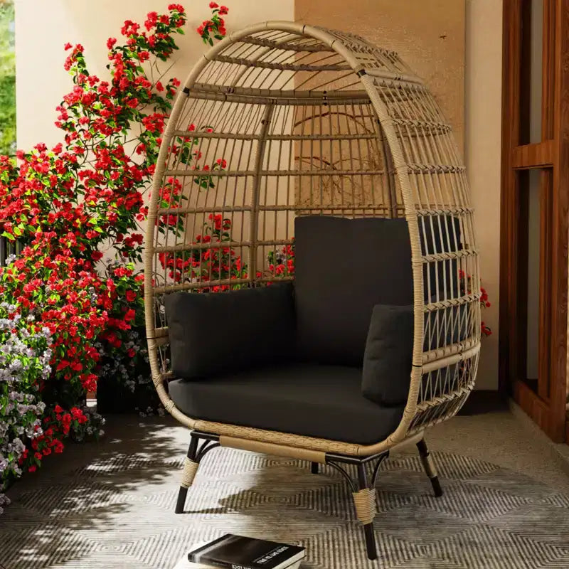 Poltrona a uovo, poltrona a uovo in vimini con cuscino morbido, struttura in acciaio e base in metallo, sedia lounge per patio interno ed esterno, soggiorno e giardino