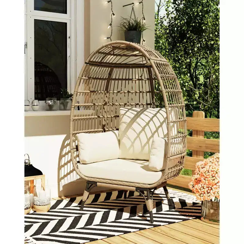 Poltrona a uovo, poltrona a uovo in vimini con cuscino morbido, struttura in acciaio e base in metallo, sedia lounge per patio interno ed esterno, soggiorno e giardino