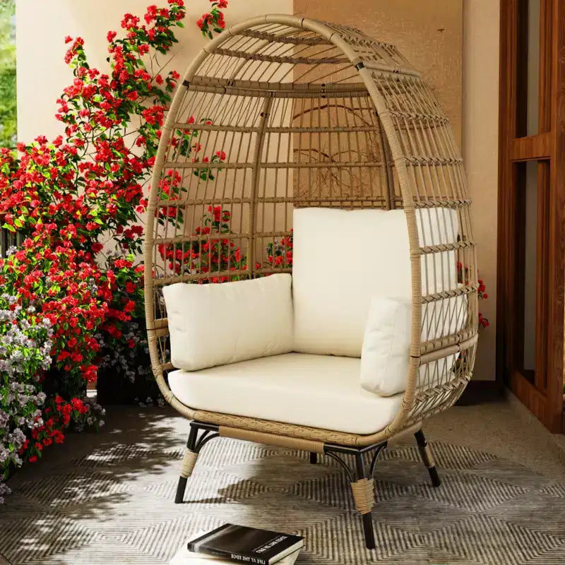 Poltrona a uovo, poltrona a uovo in vimini con cuscino morbido, struttura in acciaio e base in metallo, sedia lounge per patio interno ed esterno, soggiorno e giardino