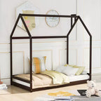 Letto a Piattaforma Matrimoniale/Una Piazza e Mezza, Letto a Terra in Legno, Struttura a Forma di Casina con Tetto per Cameretta Ragazzi e Ragazze (Doghe Non Incluse)