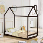 Letto a Piattaforma Matrimoniale/Una Piazza e Mezza, Letto a Terra in Legno, Struttura a Forma di Casina con Tetto per Cameretta Ragazzi e Ragazze (Doghe Non Incluse)