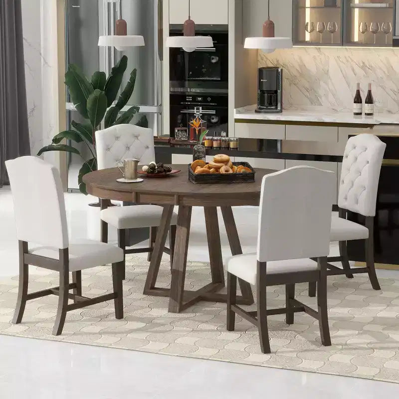Set da Pranzo Estensibile di 5 Pezzi per 4 Persone, Tavolo Rotondo con Allunga e 4 Sedie Imbottite