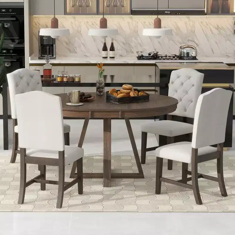 Set da Pranzo Estensibile di 5 Pezzi per 4 Persone, Tavolo Rotondo con Allunga e 4 Sedie Imbottite