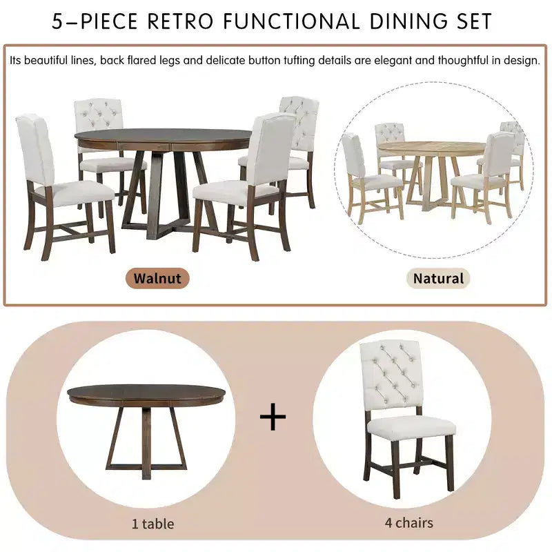 Set da Pranzo Estensibile di 5 Pezzi per 4 Persone, Tavolo Rotondo con Allunga e 4 Sedie Imbottite