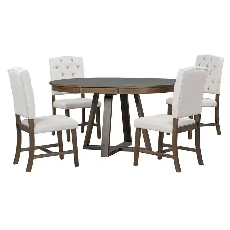 Set da Pranzo Estensibile di 5 Pezzi per 4 Persone, Tavolo Rotondo con Allunga e 4 Sedie Imbottite