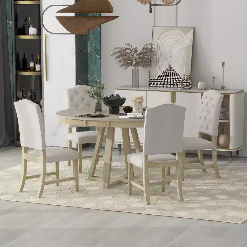 Set da Pranzo Estensibile di 5 Pezzi per 4 Persone, Tavolo Rotondo con Allunga e 4 Sedie Imbottite