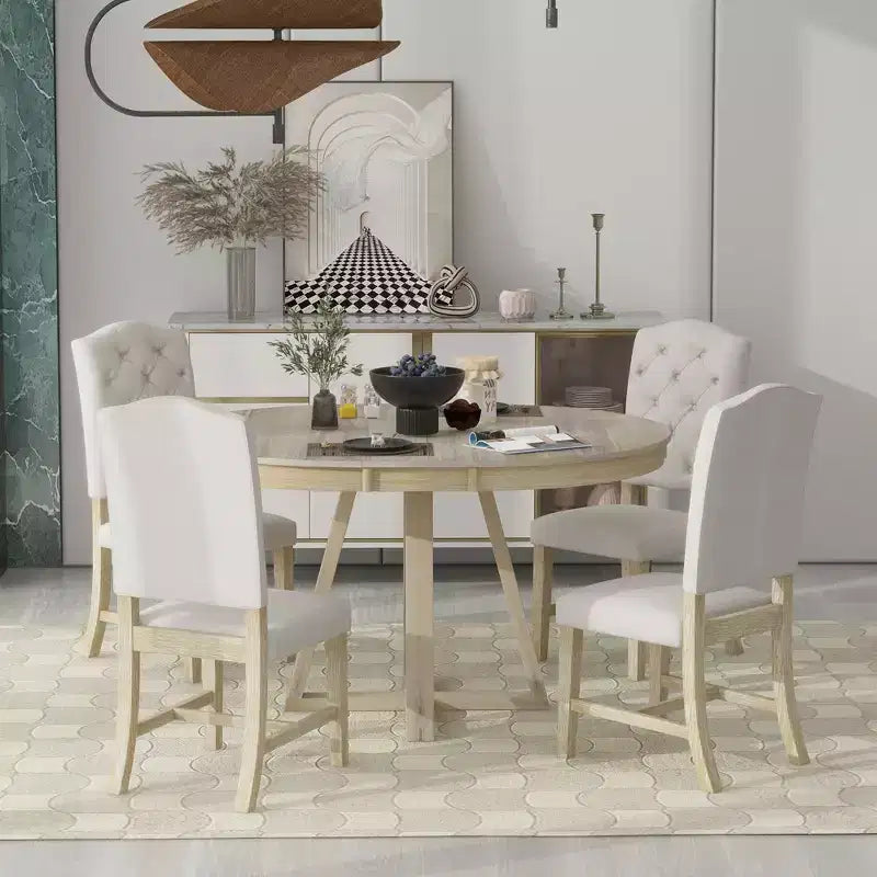Set da Pranzo Estensibile di 5 Pezzi per 4 Persone, Tavolo Rotondo con Allunga e 4 Sedie Imbottite