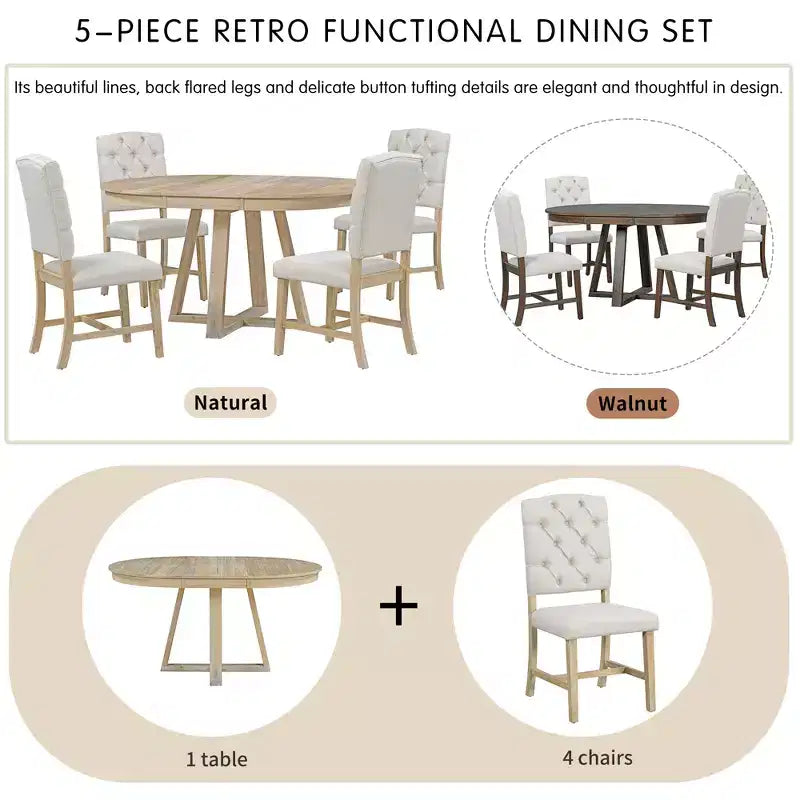 Set da Pranzo Estensibile di 5 Pezzi per 4 Persone, Tavolo Rotondo con Allunga e 4 Sedie Imbottite