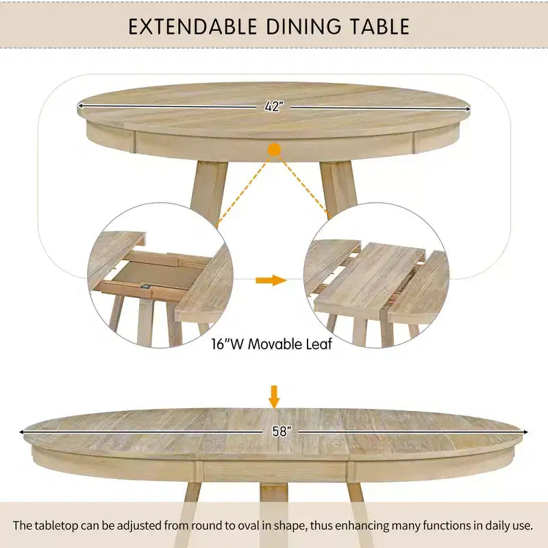 Set da Pranzo Estensibile di 5 Pezzi per 4 Persone, Tavolo Rotondo con Allunga e 4 Sedie Imbottite