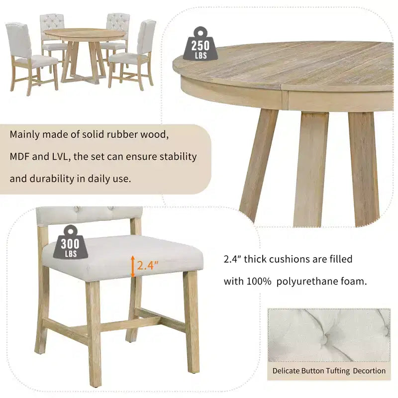 Set da Pranzo Estensibile di 5 Pezzi per 4 Persone, Tavolo Rotondo con Allunga e 4 Sedie Imbottite