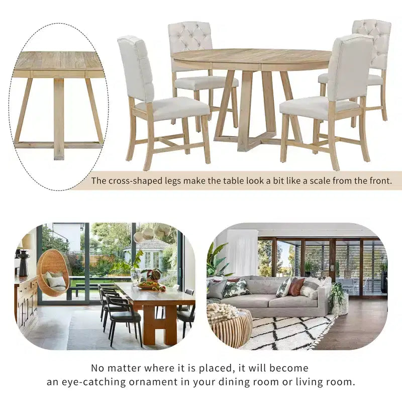 Set da Pranzo Estensibile di 5 Pezzi per 4 Persone, Tavolo Rotondo con Allunga e 4 Sedie Imbottite