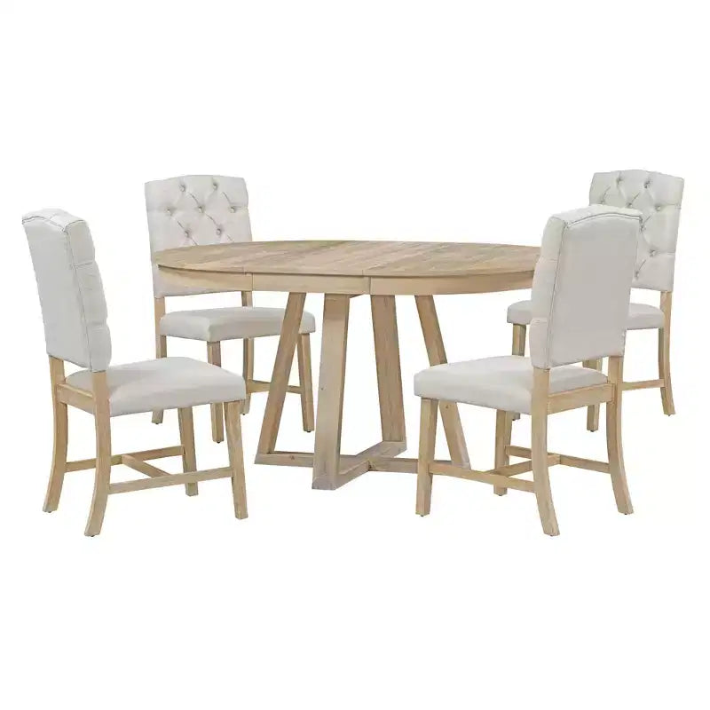 Set da Pranzo Estensibile di 5 Pezzi per 4 Persone, Tavolo Rotondo con Allunga e 4 Sedie Imbottite