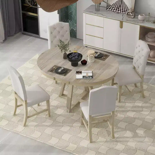 5 Pieces Extendable Dining Set for 4, Round Table with Leaf and 4 Upholstered Chairs