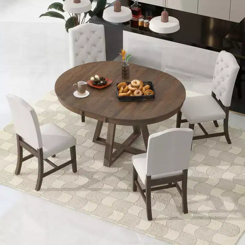 Set da Pranzo Estensibile di 5 Pezzi per 4 Persone, Tavolo Rotondo con Allunga e 4 Sedie Imbottite