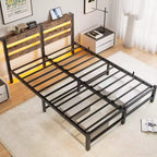 MAYEERTY Queen Bed Frame Metal Wooden Headboard Charger Shelf Quiet No Box Spring Rustic Brown