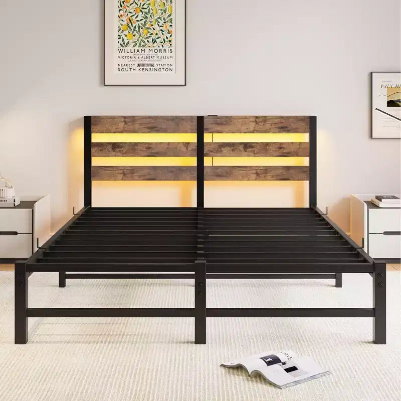 Struttura letto matrimoniale queen size con testiera in legno, luci RGB, ripiano di ricarica, non è necessario il box spring