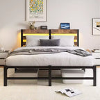 Struttura letto matrimoniale queen size con testiera in legno, luci RGB, ripiano di ricarica, non è necessario il box spring