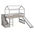 Letto a soppalco a castello con scivolo e scale, letto a soppalco con cassetti contenitori, letto a soppalco in legno a capanna per bambini e neonati
