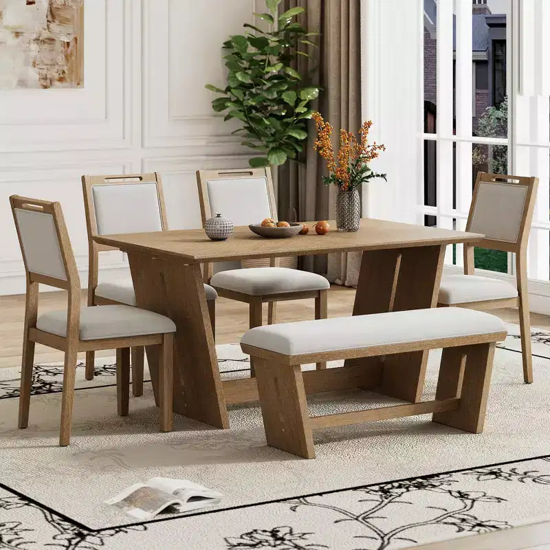 Set da pranzo di 6 pezzi con tavolo in legno di gomma da 152 cm, sedie imbottite e panca, stile retrò