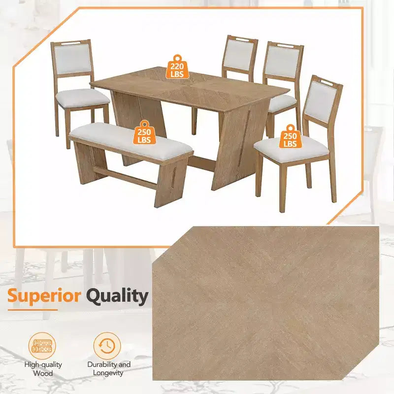 Set da pranzo di 6 pezzi con tavolo in legno di gomma da 152 cm, sedie imbottite e panca, stile retrò