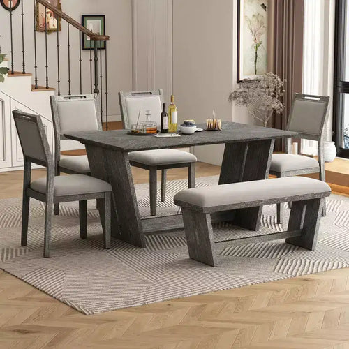 Set da pranzo di 6 pezzi con tavolo in legno di gomma da 152 cm, sedie imbottite e panca, stile retrò