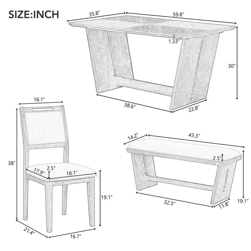 Set da pranzo di 6 pezzi con tavolo in legno di gomma da 152 cm, sedie imbottite e panca, stile retrò