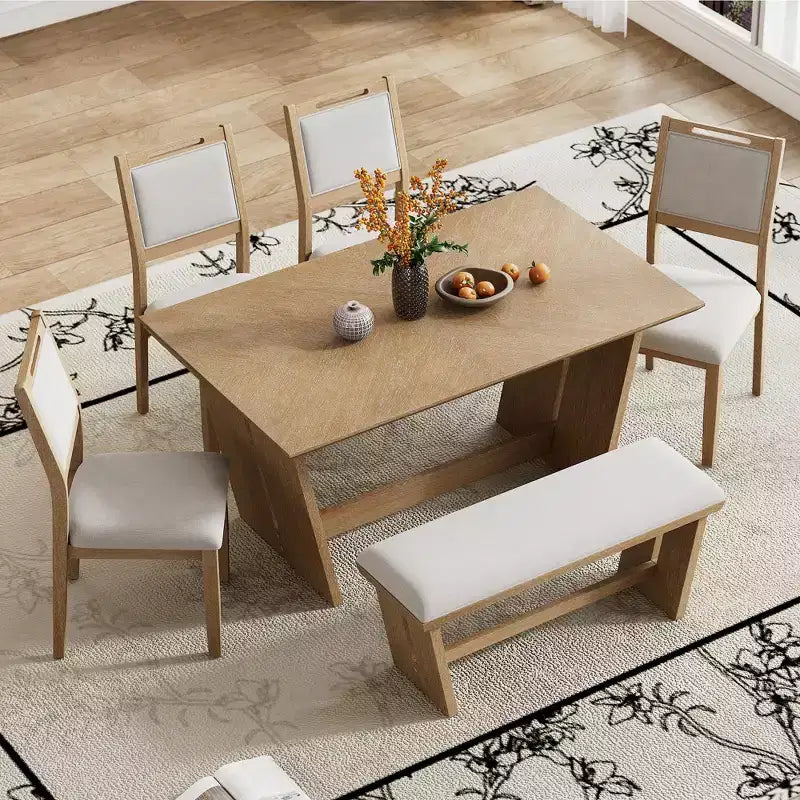 Set da pranzo di 6 pezzi con tavolo in legno di gomma da 152 cm, sedie imbottite e panca, stile retrò