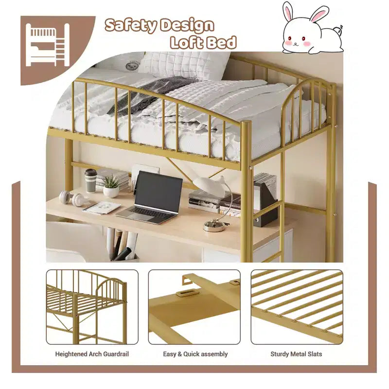 Letto a una piazza e mezza con scaletta, sponde alte ad arco e doghe in metallo, salvaspazio, facile da montare, sicuro per bambini/adultiOro