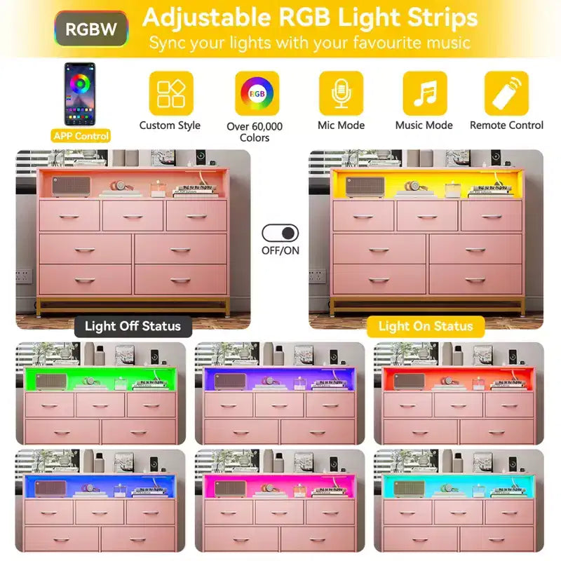 Cassettiera per Camera da Letto con Luci LED, Cassettiera a 7 Cassetti con Stazione di Ricarica, Cassettiera in Legno per Ingresso, Armadio, Soggiorno, Corridoio