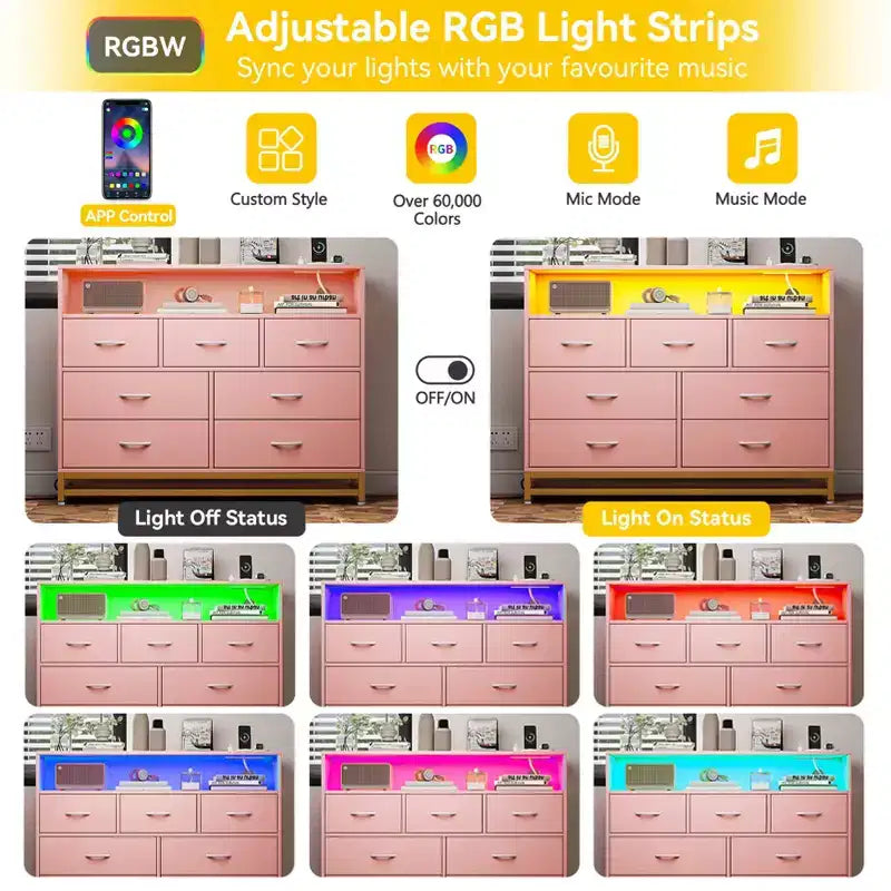 Cassettiera per Camera da Letto con Luci LED, Cassettiera a 7 Cassetti con Stazione di Ricarica, Cassettiera in Legno per Ingresso, Armadio, Soggiorno, Corridoio
