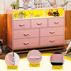 Cassettiera per Camera da Letto con Luci LED, Cassettiera a 7 Cassetti con Stazione di Ricarica, Cassettiera in Legno per Ingresso, Armadio, Soggiorno, Corridoio