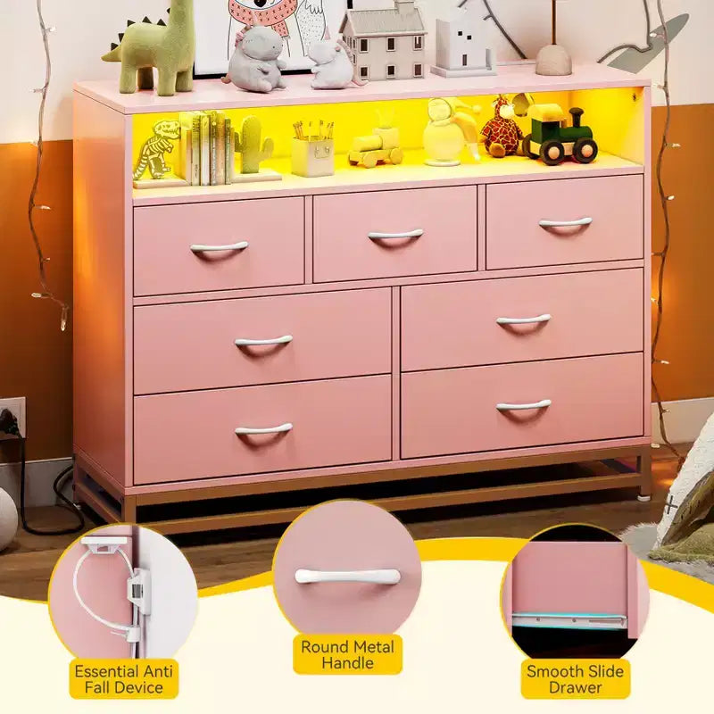 Cassettiera per Camera da Letto con Luci LED, Cassettiera a 7 Cassetti con Stazione di Ricarica, Cassettiera in Legno per Ingresso, Armadio, Soggiorno, Corridoio