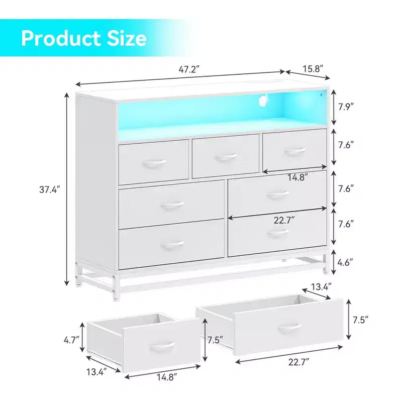 Cassettiera per Camera da Letto con Luci LED, Cassettiera a 7 Cassetti con Stazione di Ricarica, Cassettiera in Legno per Ingresso, Armadio, Soggiorno, Corridoio